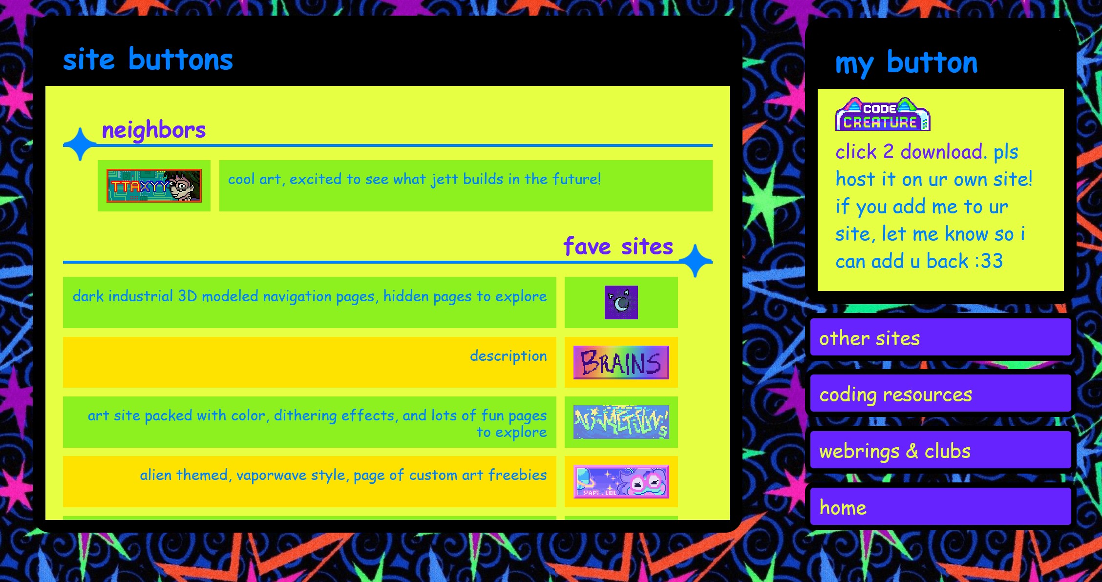 screenshot of the new links page. the content appears in rounded windows with black borders and light green outlines. the headers are underlined with a thick blue line ending in a four-pointed star. it has sections for other sites, coding resources, and webrings and clubs, as well as a small window with my site button.
