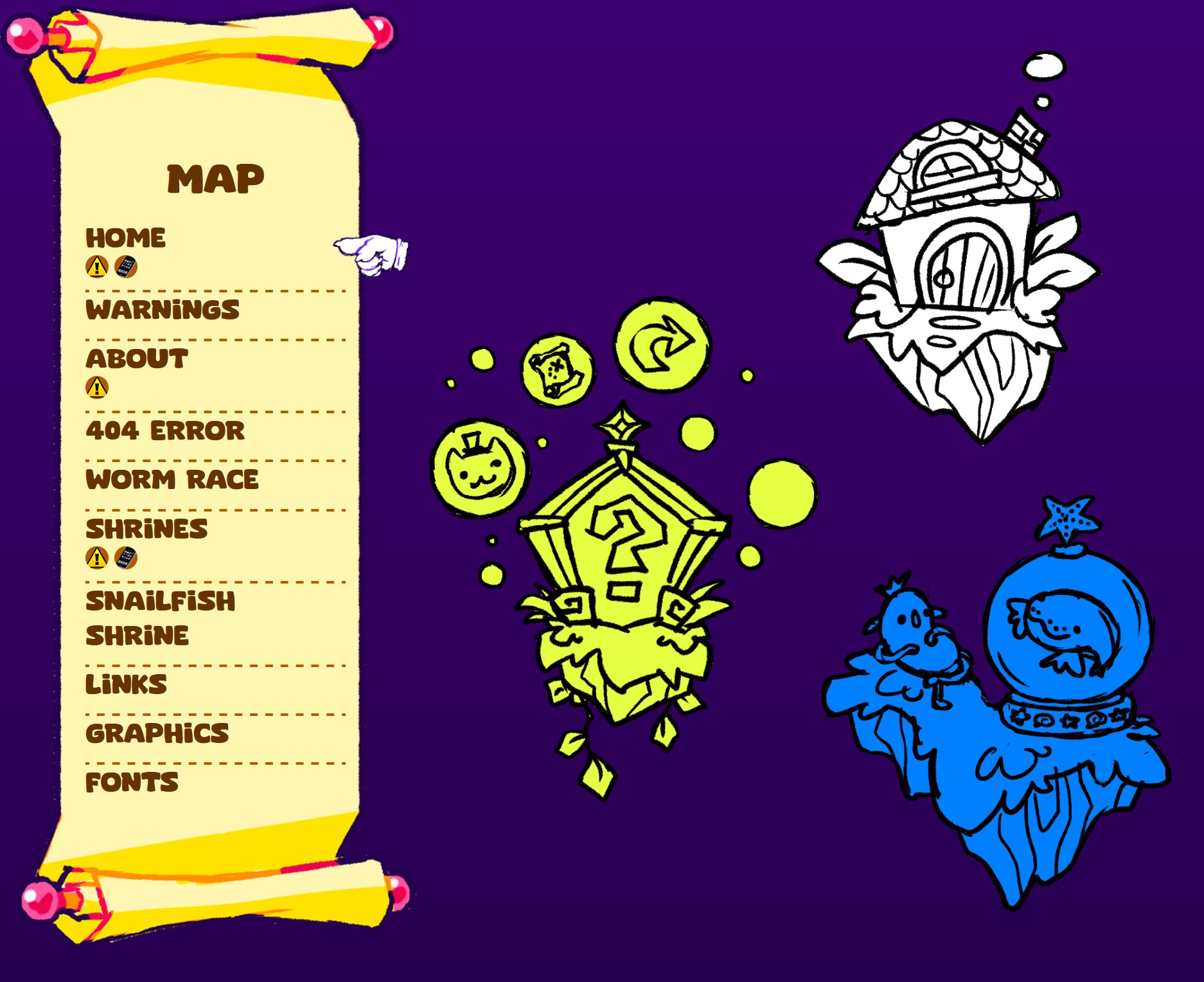screenshot of the site map. there is a scroll on the left side showing the names of the pages, and on the right side are rough sketches of floating islands representing some of the pages.