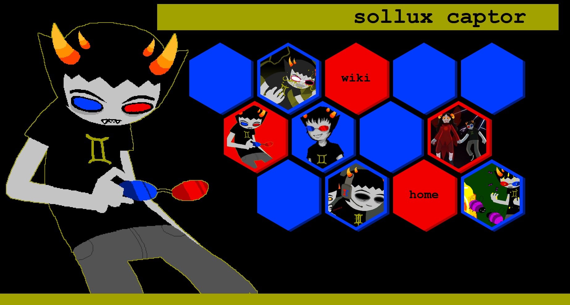 screenshot of the new page. it features various images of sollux from homestuck. the background is black with dark yellow-green accents matching sollux's shirt, and there is a tiling grid of hexagon buttons in blue and red matching his eyes.
