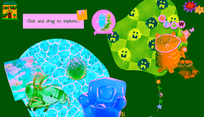 Screenshot of the the new trinkets toys page featuring various colorful toys and objects. The background is mostly black, with large blob islands of color behind some of the objects.