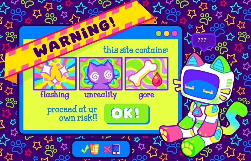 screenshot of the warnings page showing the robot cat sleeping. its screen face is displaying closed eyes. it has a speech bubble with Z's over its head.