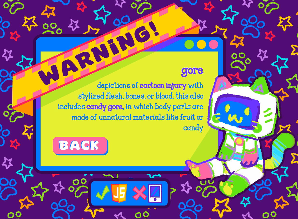 another screenshot of the landing page, showing the detail screen for the gore warning