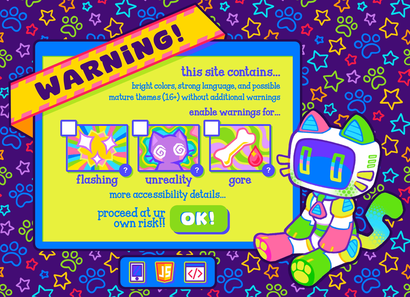 Screenshot of the updated warnings page. It has a bit more detail about general site content, and includes checkboxes for optional warnings to receive in the future. The caution tape banner at the top now has a dark outline that wraps behind the container.