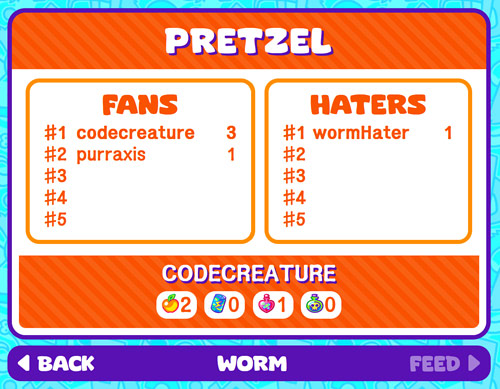 Screenshot of the worm leaderboard page for Pretzel the orange worm. It shows the top five fans and top five haters, along with the count of how many times the logged in user has fed that worm.