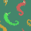 Dithered red, orange, and green fuzzy worms on a dark green background