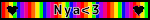 'nya' blinkie with black hearts on flashing rainbow background