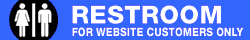 "Restroom for website customers only" sign with black male/female bathroom symbol on blue background.