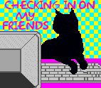 black cat typing on a computer, captioned 'checking in on my friends'