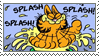 Garfield the cartoon cat cheerfully splashing in a bowl of soup.