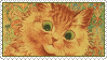 Stamp of Louis Wain's painting of a happy orange tabby cat on a green background.