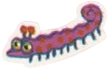 stylized long purple bug with orange spots. it has many legs and its tail is curled in a spiral
