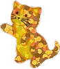 yellow sparkly tuxedo cat on its hind legs facing left
