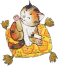 drawing of a calico cat licking its hind paw on a yellow floral cushion