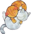 drawing of two cats napping together. the orange cat has its paws wrapped around the gray cat.