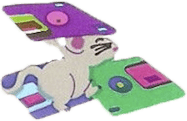 cream colored rodent carrying pastel floppy discs