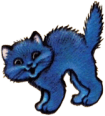 grinning black cat in an arched back pose with a short, puffed-up tail