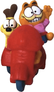 A small plastic Garfield and Odie riding a bright red moped. Garfield is waving.