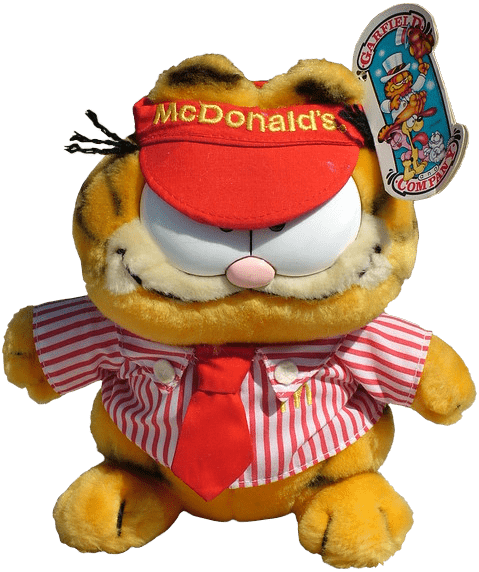 Smiling Garfield plush wearing a red McDonald's visor, tie, and striped shirt. He has a Garfield and Company paper tag on his ear.