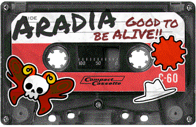 Dithered image of an Aradia cassette tape titled 'good to be alive!' It is black with a red label and stickers of the time aspect symbol, a white fedora, and a skull with Aradia's curled horns and red fairy wings.