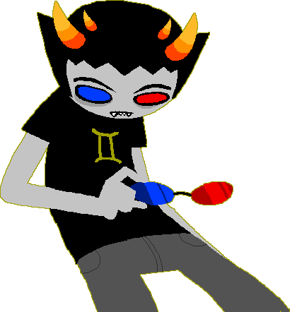 a pixelated drawing of Sollux, a homestuck troll with one red eye and one blue, four horns, and a Gemini symbol on his shirt. he stands dramatically, holding a pair of glasses the same colors as his eyes.